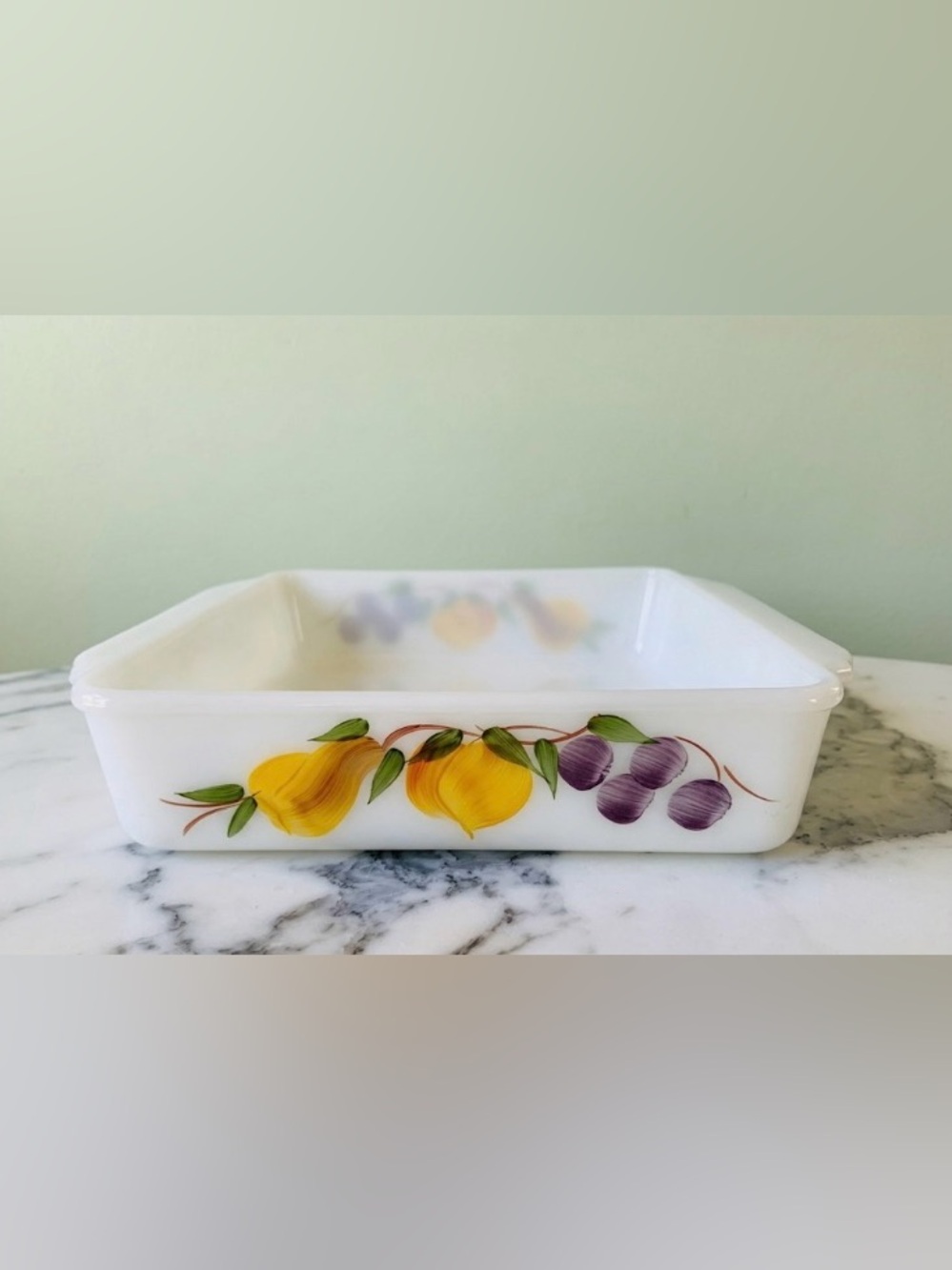 Vintage Fire-King Gay Fad Fruits Milk Glass Square Baking Dish 8” Casserole